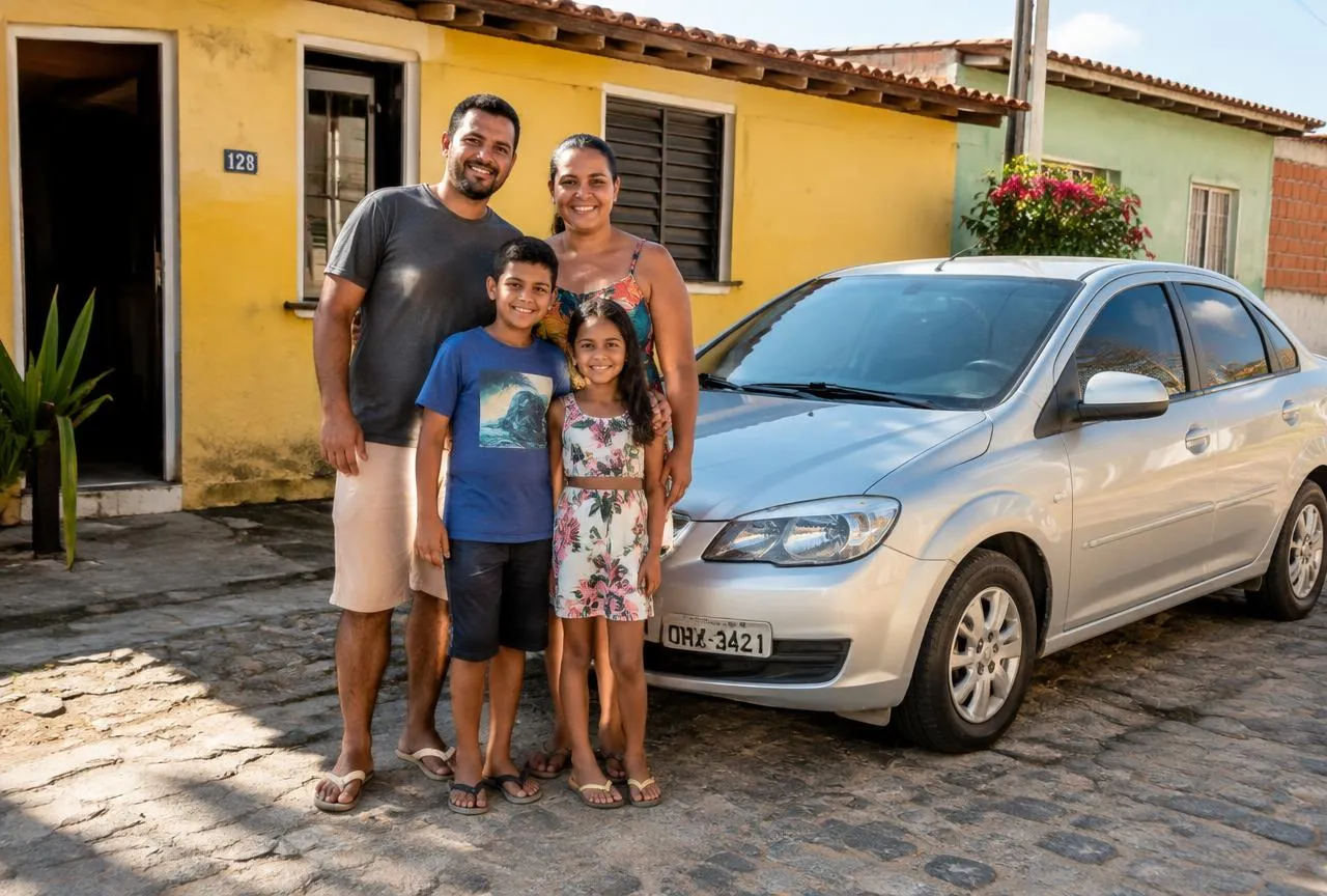 Família em frente à casa ao lado do carro protegido pelo seguro auto da Dames em Santa Inês
